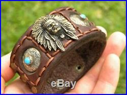 Brass Indian head sterling silver concho Buffalo leather cuff bracelet customize