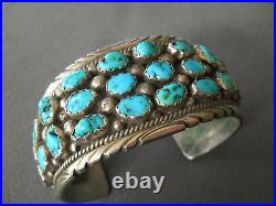 Bright Native American Turquoise 3-Row Cluster Sterling Silver Cuff Bracelet