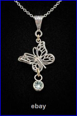Butterfly Pendant 925 Sterling Silver Necklace 5mm Aquamarine & 10K Gold Accents