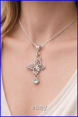 Butterfly Pendant 925 Sterling Silver Necklace 5mm Aquamarine & 10K Gold Accents