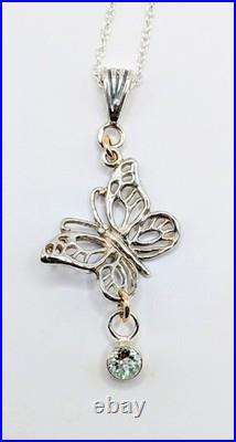 Butterfly Pendant 925 Sterling Silver Necklace 5mm Aquamarine & 10K Gold Accents