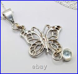 Butterfly Pendant 925 Sterling Silver Necklace 5mm Aquamarine & 10K Gold Accents