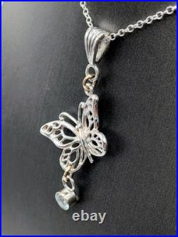 Butterfly Pendant 925 Sterling Silver Necklace 5mm Aquamarine & 10K Gold Accents