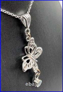 Butterfly Pendant 925 Sterling Silver Necklace 5mm Aquamarine & 10K Gold Accents