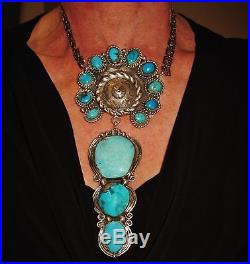 CHAVEZ DAZZLING BLUE TURQUOISE CLUSTER SIGNED NECKLACE, 120 grams Sterling Silver