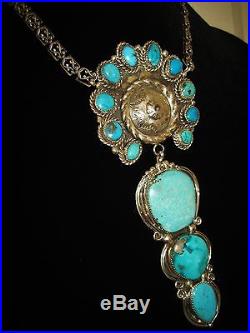 CHAVEZ DAZZLING BLUE TURQUOISE CLUSTER SIGNED NECKLACE, 120 grams Sterling Silver