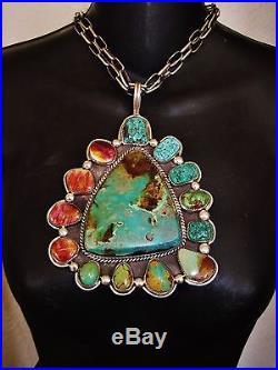 CHAVEZ NAVAJO AWESOME HUGE TURQUOISE SIGNED PENDANT, 265 grams Sterling Silver