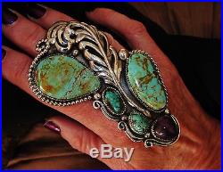 CHAVEZ SUPERB TURQUOISE SUGILITE BIG FEATHER RING, 58 grams, Sterling Silver, sz 8