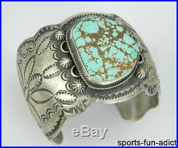 CHIMNEY BUTTE Navajo Huge Natural Turquoise Etched Sterling Silver Cuff Bracelet