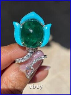 Cabochon Syn Emerald & Turquoise Cocktail Ring 925 Sterling Silver Party Jewelry