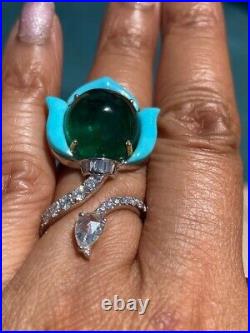 Cabochon Syn Emerald & Turquoise Cocktail Ring 925 Sterling Silver Party Jewelry