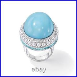 Cabochon Turquoise & Freshwater Pearl Cocktail Ring 925 Fine Silver Luxe Jewelry
