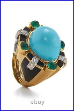 Cabochon Turquoise & Syn Emerald Cocktail Ring 925 Fine Silver Party Joaillerie Cabochon Turquoise & Syn Emerald Cocktail Ring 925 Fine Silver Party Joaillerie