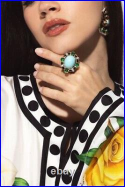Cabochon Turquoise & Syn Emerald Cocktail Ring 925 Fine Silver Party Joaillerie Cabochon Turquoise & Syn Emerald Cocktail Ring 925 Fine Silver Party Joaillerie