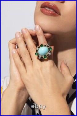 Cabochon Turquoise & Syn Emerald Cocktail Ring 925 Fine Silver Party Joaillerie Cabochon Turquoise & Syn Emerald Cocktail Ring 925 Fine Silver Party Joaillerie