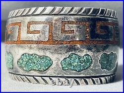 Carl Allen Huge Vintage Navajo Turquoise Coral Inlay Sterling Silver Bracelet