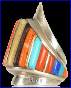 Charles Loloma Hopi Native American Sterling Coral Turquoise Inlay Shield Ring