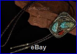 Circa 1950s Old Pawn Vintage NAVAJO Handmade Sterling Silver Turquoise Bolo Tie