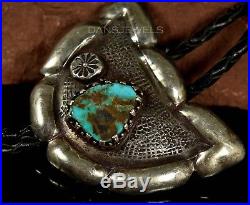 Circa 1950s Old Pawn Vintage NAVAJO Handmade Sterling Silver Turquoise Bolo Tie