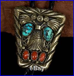 Circa 1960s Old Pawn Vintage NAVAJO Handmade Sterling Silver Turquoise Bolo Tie