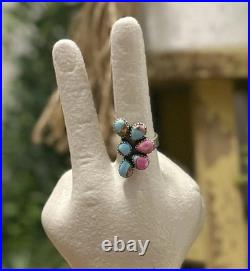 Cotton Candy Turquoise Cluster Sterling Silver, Punchy Southwestern, Adjust Ring