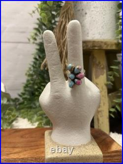 Cotton Candy Turquoise Cluster Sterling Silver, Punchy Southwestern, Adjust Ring