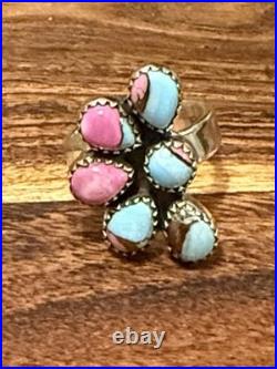 Cotton Candy Turquoise Cluster Sterling Silver, Punchy Southwestern, Adjust Ring