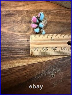 Cotton Candy Turquoise Cluster Sterling Silver, Punchy Southwestern, Adjust Ring