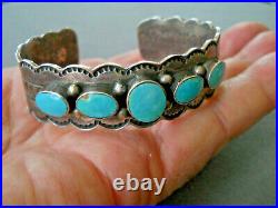 DELBERT CHATTER Native American Turquoise Row Sterling Silver Stamped Bracelet