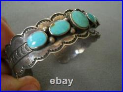DELBERT CHATTER Native American Turquoise Row Sterling Silver Stamped Bracelet