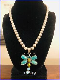Dan Dodson Sterling Silver Turquoise Dragonfly Pendant on Ball Bead Necklace 925