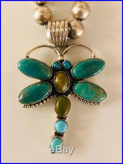 Dan Dodson Sterling Silver Turquoise Dragonfly Pendant on Ball Bead Necklace 925