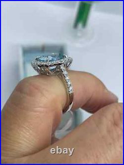 Delicate 3Ct Cushion Cut Aquamarine Halo Engagement Ring 14K White Gold Finish