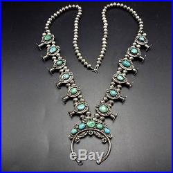 Delicate Vintage NAVAJO Sterling Silver & Turquoise SQUASH BLOSSOM Necklace
