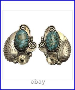 Detailed Ronnie Hurley Navajo Blue Ridge Turquoise Sterling Silver Earrings