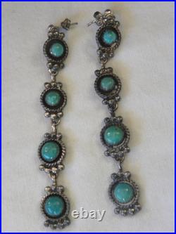 Dramatic Turquoise Sterling Silver Earrings 3-1/4 19.5 Grams