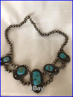 ELEGANT Vintage NAVAJO Old Pawn Sterling Silver TURQUOISE Cabochons NECKLACE