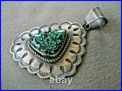 ELLA PETER Native American Spiderweb Turquoise Sterling Silver Stamped Pendant