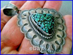 ELLA PETER Native American Spiderweb Turquoise Sterling Silver Stamped Pendant