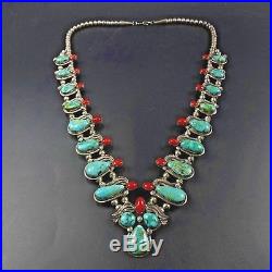 EXTRAORDINARY Vintage NAVAJO Sterling Silver CORAL & TURQUOISE NECKLACE