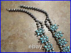 EXUBERANT Vintage Zuni Sterling Petit Point Turquoise SQUASH BLOSSOM Necklace