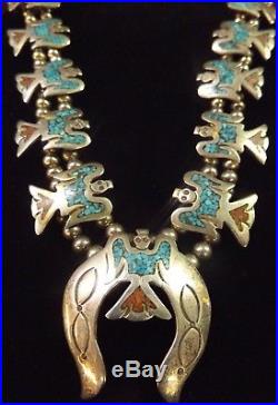Early Navajo La Sterling Silver Turquoise Coral Squash Blossom Necklace