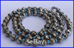 Early OLD PAWN Navajo Turquoise & Sterling Silver Pearl Bench Bead Necklace 29