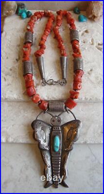 Early TONY AGUILAR Sr. KEWA STERLING/COIN SILVER-TURQUOISE-CORAL Necklace Signed
