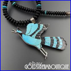 Eddie Beyuka Zuni Sterling Silver Turquoise & Jet Inlay Beaded Bird Necklace