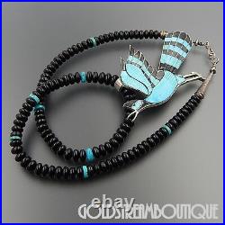 Eddie Beyuka Zuni Sterling Silver Turquoise & Jet Inlay Beaded Bird Necklace