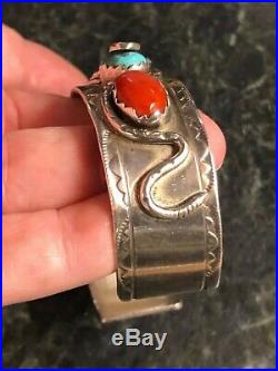 Effie C Zuni 50 GRAMS Sterling Silver Turquoise Coral 2 Snakes Cuff Bracelet 925