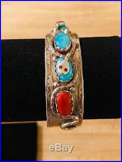 Effie C Zuni 50 GRAMS Sterling Silver Turquoise Coral 2 Snakes Cuff Bracelet 925