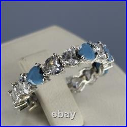 Elegant 925 Sterling Silver Women's Turquoise & Zircon Band Ring Size 9