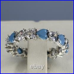 Elegant 925 Sterling Silver Women's Turquoise & Zircon Band Ring Size 9